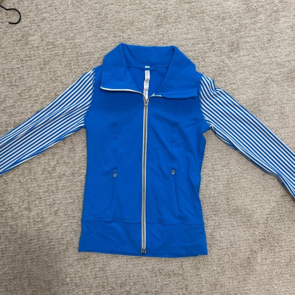 Lululemon Blue Full Zip Yoga Jacket Striped Sleeves | Fitted Athletic Layer - Picture 4 of 16